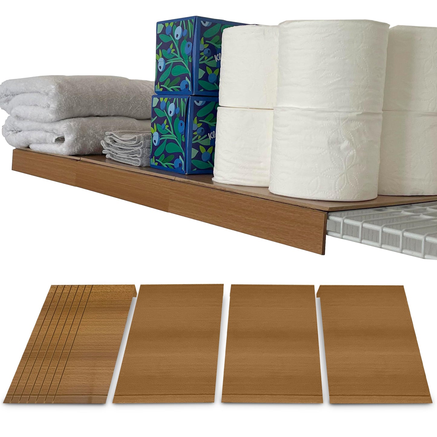 LEAPOAK Wire Shelf Cover - Adjustable Engineered Wood Panels with Extra Modular Pieces - Custom Fit for Pantry, Closet, & Kitchen Wire Shelving - Velcro Secures in Place - Smooth Finish (Light Wood)