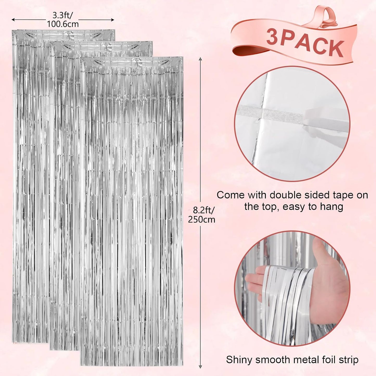 Voircoloria Silver Foil Fringe Backdrop Curtains - 3 Pack Tinsel Streamers for Parties | 3.3x8.2 Feet