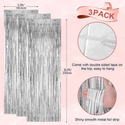 Voircoloria Silver Foil Fringe Backdrop Curtains - 3 Pack Tinsel Streamers for Parties | 3.3x8.2 Feet