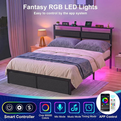 Full Size Bed Frame with Storage Drawers, Headboard Lights & USB-C Charging