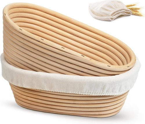 Kook Banneton Bread Proofing Baskets - Artisan Sourdough Making Set of 2 | 9.8 Inch Handwoven Rattan with Cloth Liners