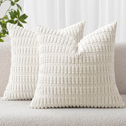 MIULEE Corduroy Throw Pillow Covers - Soft Boho Striped Design | 18x18 Inch Pure White for Modern Home Decor