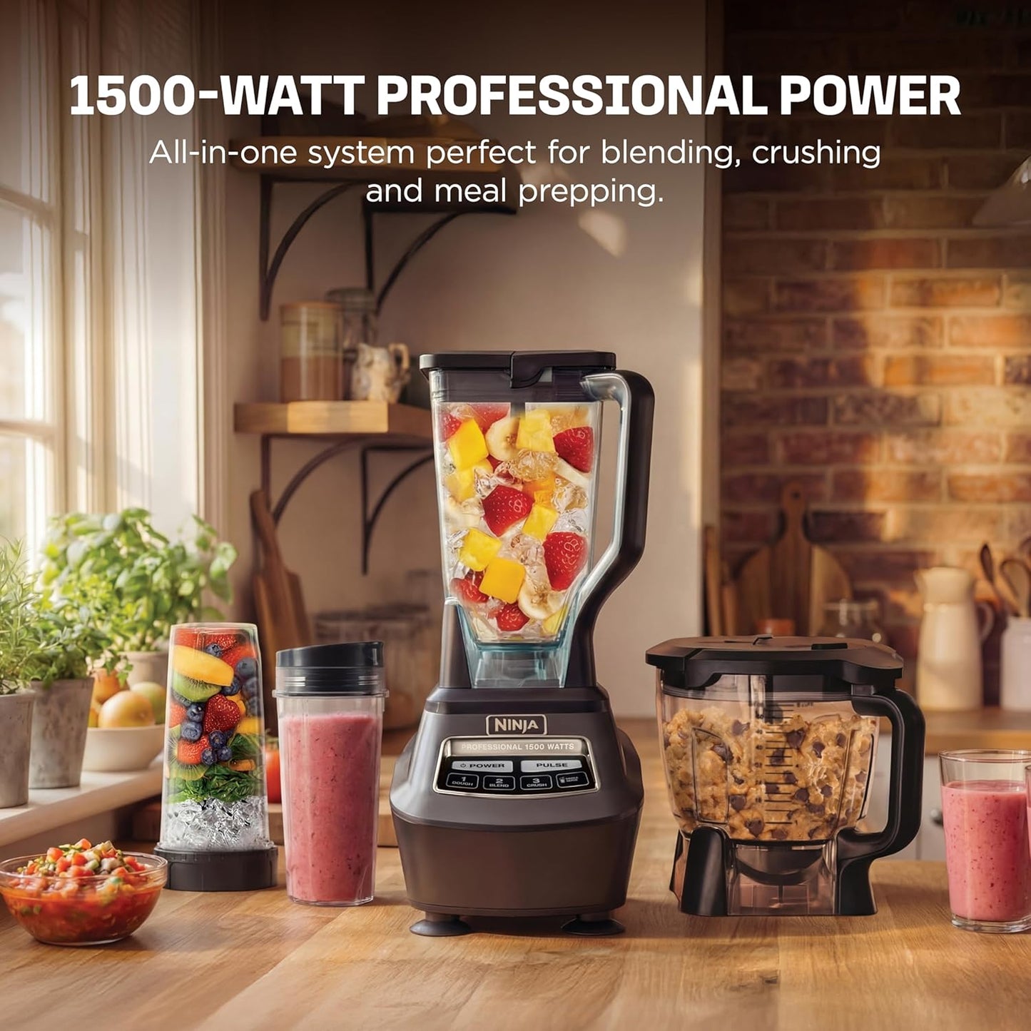Ninja Kitchen System Food Processor & Blender - 1500W All-in-One for Smoothies, Salsa & More | Black | Includes Pitcher & To-Go Cups