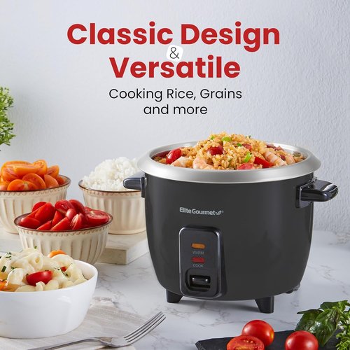 Elite Gourmet Electric Rice Cooker - Automatic Keep Warm Feature, 6 Cups Cooked, Black