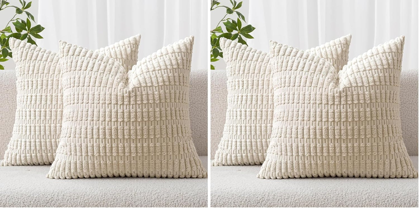MIULEE Corduroy Throw Pillow Covers - Soft Boho Striped Design | 18x18 Inch Cream White Set of 4 for Modern Home Decor