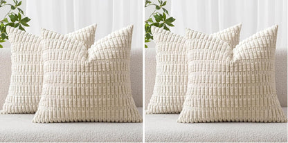 MIULEE Corduroy Throw Pillow Covers - Soft Boho Striped Design | 18x18 Inch Cream White Set of 4 for Modern Home Decor