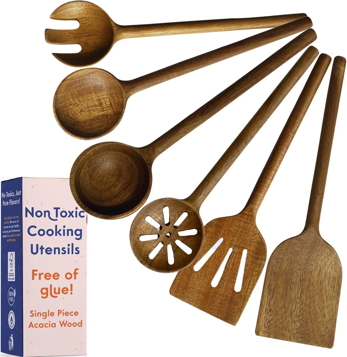 Non-Toxic Cooking Utensils - 6-Piece Wooden Utensil Set | Glue-Free, Natural Finish, Safe for Your Kitchen
