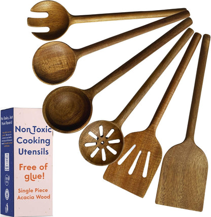 Non-Toxic Cooking Utensils - 6-Piece Wooden Utensil Set | Glue-Free, Natural Finish, Safe for Your Kitchen
