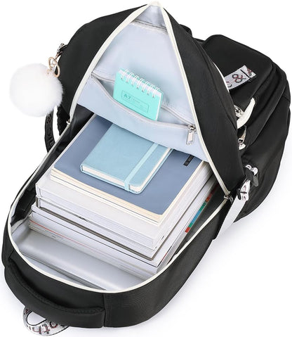 Gothic School Backpack for Girls with USB Ports - Black