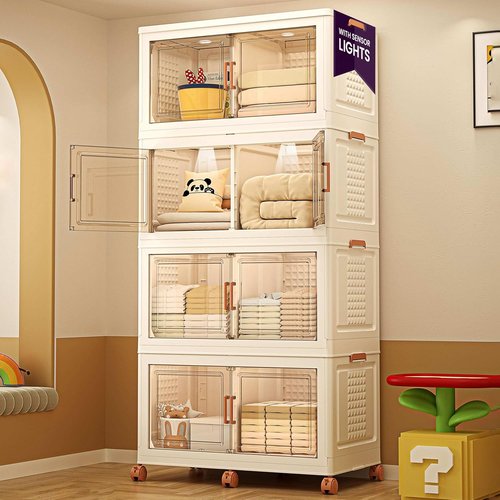 FINCHESCLUB Stackable Storage Bins - Extra Large 752QT Foldable Bins with Doors & Wheels | 4 Pack