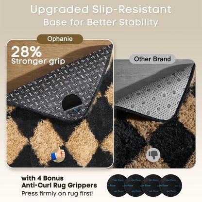 Ophanie Checkered Black & Beige Rhombus Rugs for Living Room Bedroom, Fluffy Soft Cute Fuzzy Area Rug, Plush Shaggy Bedside Floor 4x6 Furry Carpet for Kids Baby Teen Dorm Nursery Home Decor Aesthetic