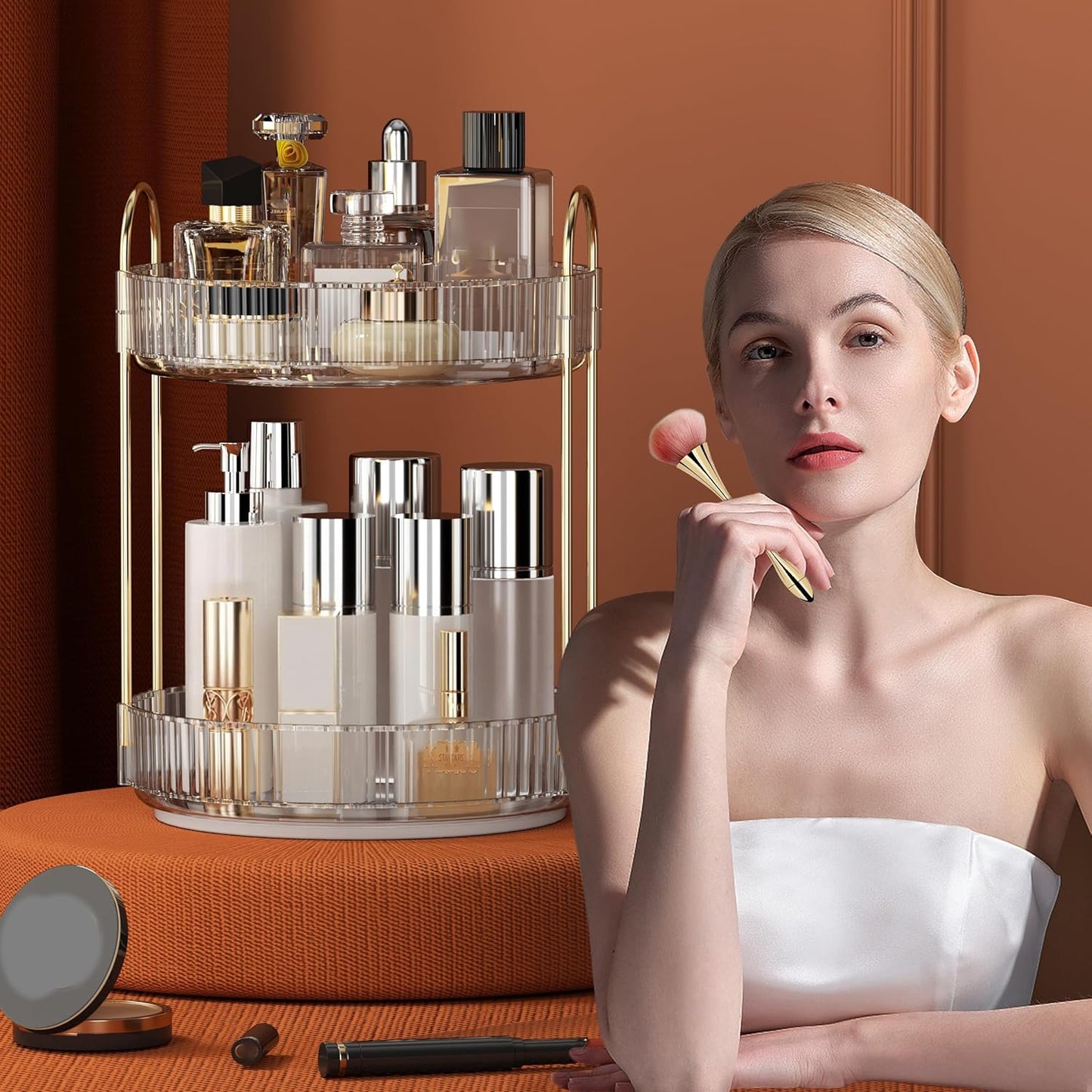 YCIA&DONE 360 Rotating Makeup Organizer - High Capacity Cosmetic & Skincare Storage | Clear White, 2 Tiers