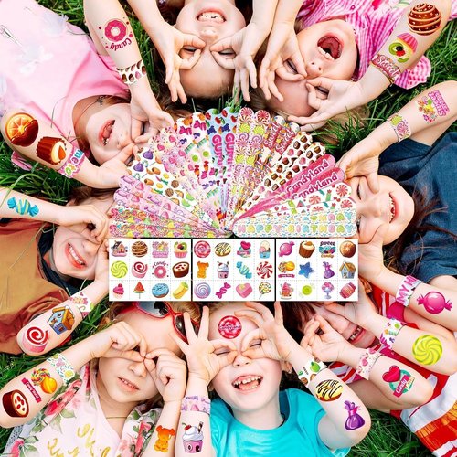 Candyland | 60 PCS Party Favors Set - 36 Temporary Tattoos & 24 Slap Bracelets for Kids, Ideal for Sweet-Themed Celebrations