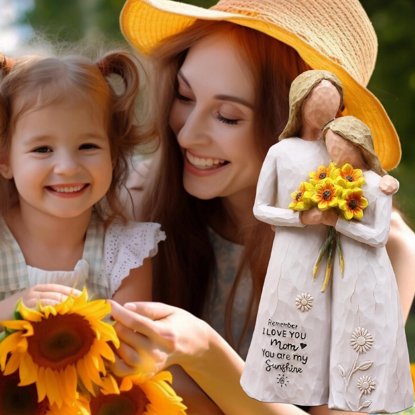 Regine Switzerland Hand-Painted Mother Daughter Figurine - 5.7" Resin Keepsake with Sunflowers for Mom's Birthday, Mother's Day, or Christmas