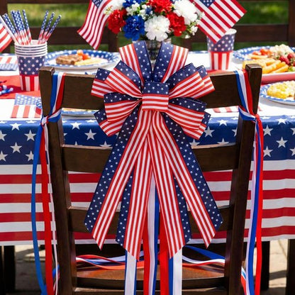 Large Patriotic Wreath Bow - 4th of July Decorations | Red, White & Blue American Flag Wired Ribbon