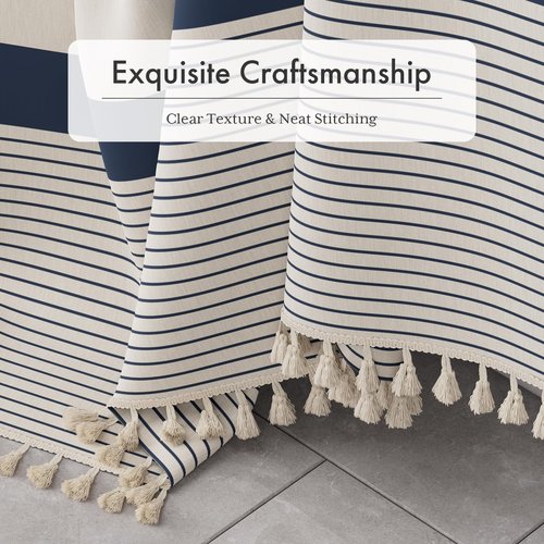 AmazerBath Boho Shower Curtain, Modern Farmhouse Shower Curtain Set with Tassels, Rustic Faux Linen Navy Blue Striped Shower Curtain with Hooks, Light Tan Toned, 72x72 Inches