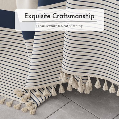 AmazerBath Boho Shower Curtain, Modern Farmhouse Shower Curtain Set with Tassels, Rustic Faux Linen Navy Blue Striped Shower Curtain with Hooks, Light Tan Toned, 72x72 Inches