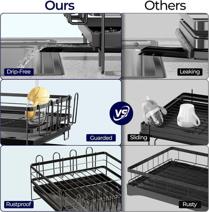 Skiennix Large Dish Drying Rack - Expandable Kitchen Counter Drainer with Utensil & Cup Holder | 13.4"-28.7" L x 11.8" W