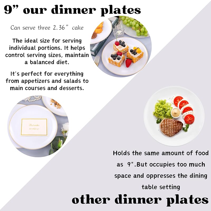 White with Gold Rim 9 Inch Plastic Dinner Plates - 50 Pack, Disposable Party & Wedding Plates