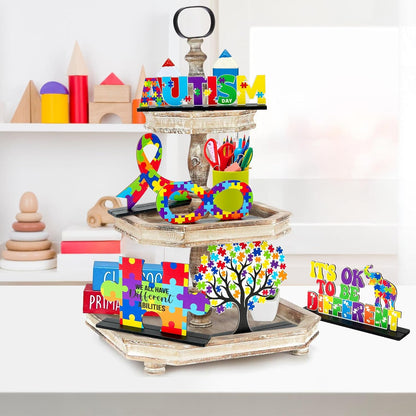 Skiennix 6Pcs Autism Awareness Wood Tiered Tray Centerpieces - Inspirational Puzzle Piece Decor for April
