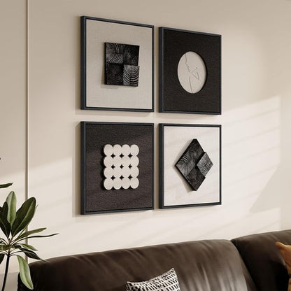 3D Wood Textured Wall Art Set by [Brand Name] - Modern Black & White Geometric Paintings for Home Decor