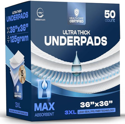 Chucks Disposable Incontinence Bed Pads - Super Absorbent Waterproof 36" x 36" | 50 Pack for Adults