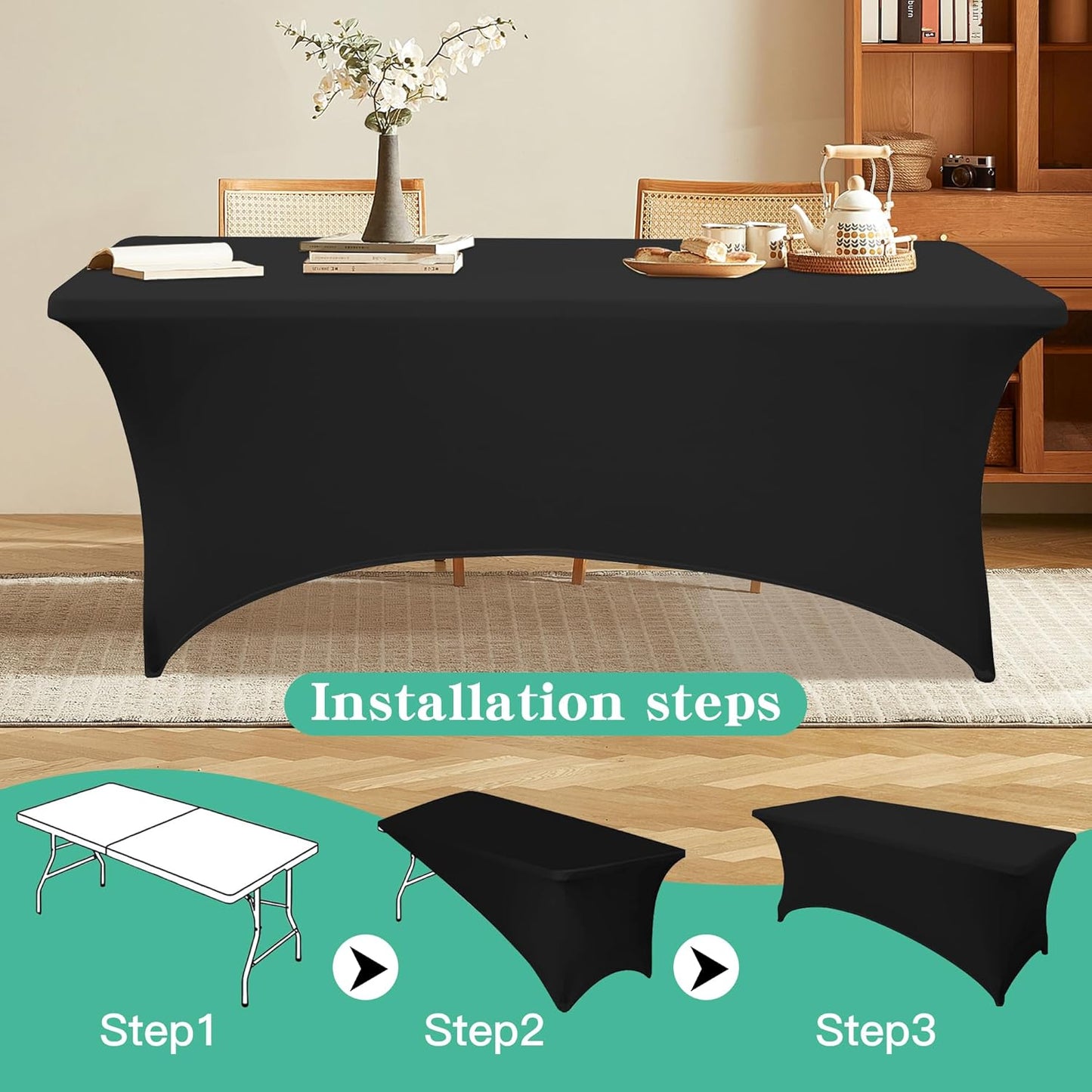 Skiennix 4FT Rectangular Table Cloth - Washable Black Spandex Cover for Events, Parties & Weddings