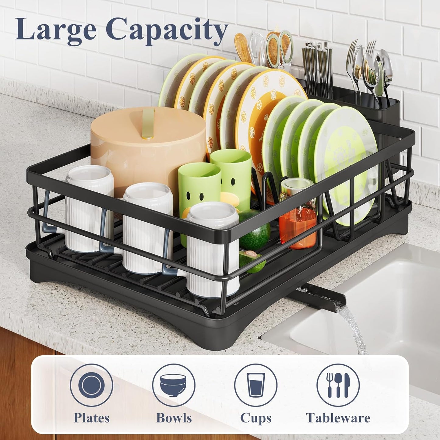 SAYZH Dish Drying Rack - Large-Capacity Rust Resistant Kitchen Drainer with Drainboard & Rotating Spout | Black