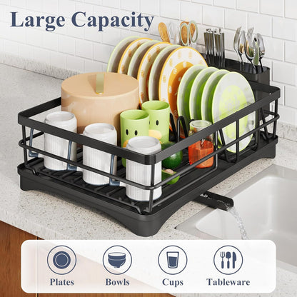 SAYZH Dish Drying Rack - Large-Capacity Rust Resistant Kitchen Drainer with Drainboard & Rotating Spout | Black