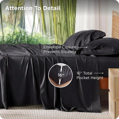 Bedsure Queen Cooling Sheet Set - Soft & Breathable Rayon from Bamboo | Deep Pocket Up to 16" - Black