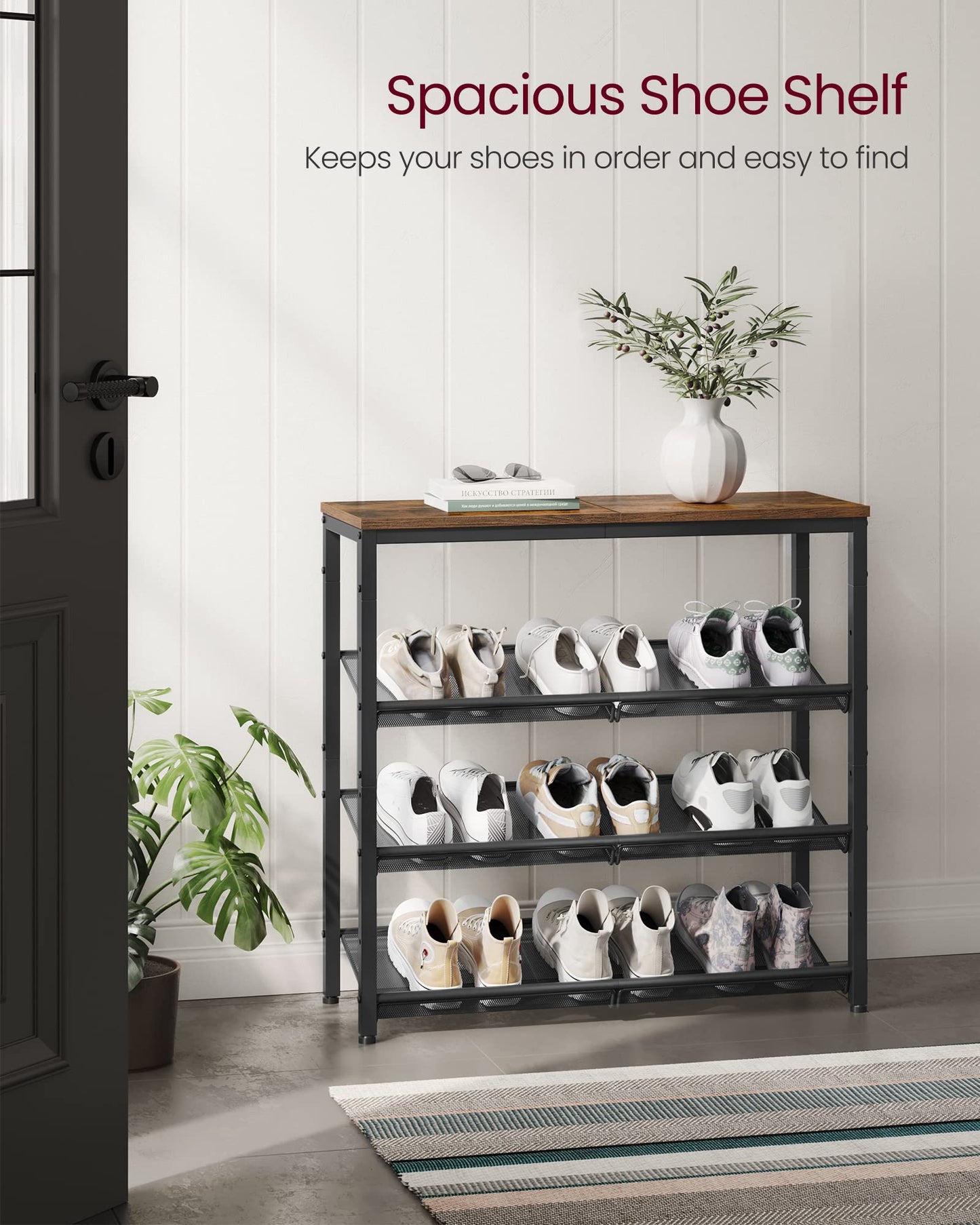 VASAGLE Shoe Rack for Entryway, 4-Tier Shoe Rack Organizer with Storage Shelves and Spacious Top, Freestanding, Adjustable, Industrial, Rustic Brown and Ink Black ULBS040B01