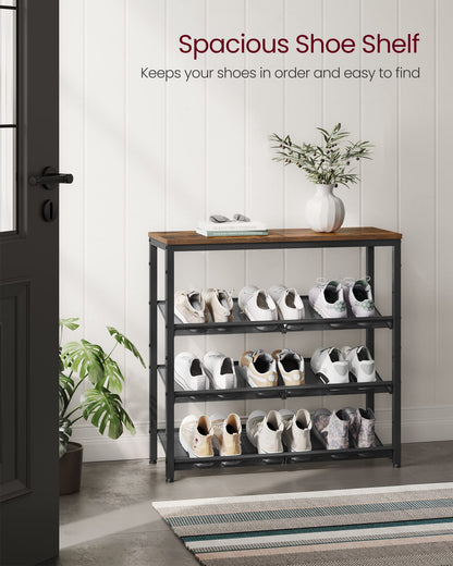 VASAGLE Shoe Rack for Entryway, 4-Tier Shoe Rack Organizer with Storage Shelves and Spacious Top, Freestanding, Adjustable, Industrial, Rustic Brown and Ink Black ULBS040B01