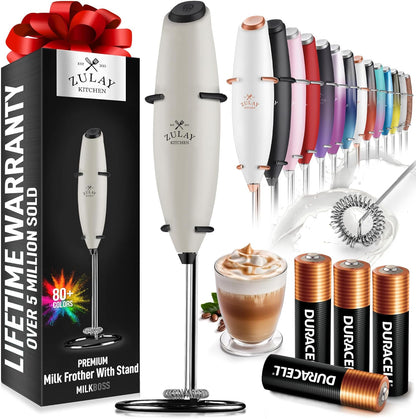 Zulay Kitchen Milk Frother Wand - Ultra-Fast Handheld Electric Whisk for Coffee & Lattes - Gray & Black