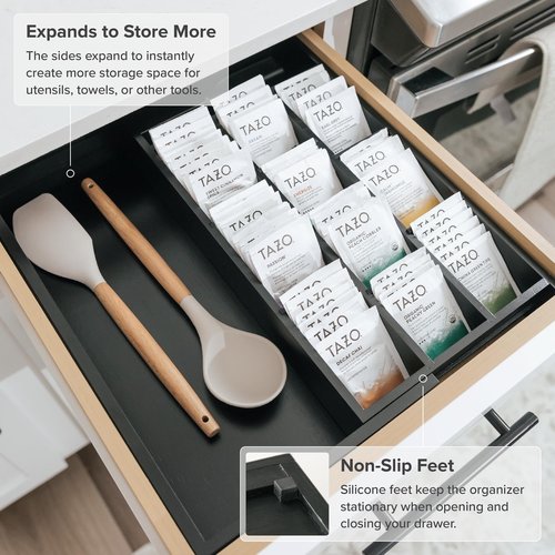 KitchenEdge Tea Bag and Coffee Pod Kitchen Drawer Organizer, Expandable 9.7 to 17 Inches, 10 Storage Compartments, Adjustable Wall Inserts, Non-Slip Feet, Food-Safe Black Finish, 100% Bamboo Wood