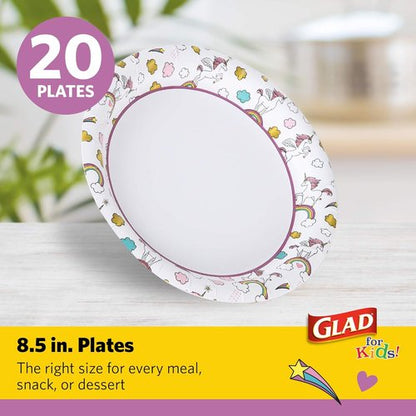 Glad Unicorn Theme Kids Plates - Heavy-Duty Disposable Paper Plates | Soak-Proof, Microwave Safe, 8.5 Inch, 20 Count