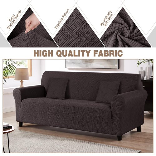 Ruaozz Stretch Sofa Cover 1 Piece Couch Covers for 3 Cushion Couch Non Slip Universal Sofa Slipcover Washable Soft Jacquard Furniture Protector with 2 pcs Throw Pillow Covers (3 Seater, Chocolate)