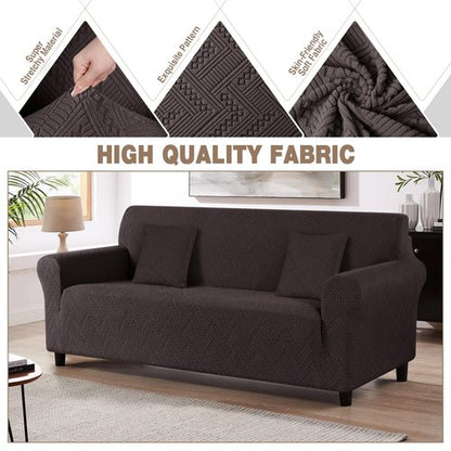 Ruaozz Stretch Sofa Cover 1 Piece Couch Covers for 3 Cushion Couch Non Slip Universal Sofa Slipcover Washable Soft Jacquard Furniture Protector with 2 pcs Throw Pillow Covers (3 Seater, Chocolate)