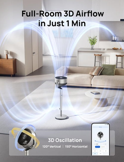 DREO Smart Fan for Bedroom, Position-based Oscillation, 150°+120° 3D Oscillating Fan, 110ft Pedestal Fans with Wi-Fi/Voice/Remote, Standing Fans Work with Alexa/Google, 9 Speeds, 6 Modes, 25dB, Silver