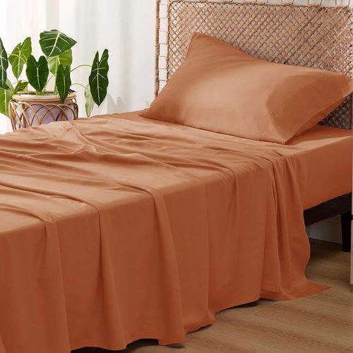 Bedsure Cooling Twin XL Sheets - Rayon from Bamboo, Breathable & Soft, Deep Pocket Up to 16 Inches, Burnt Orange