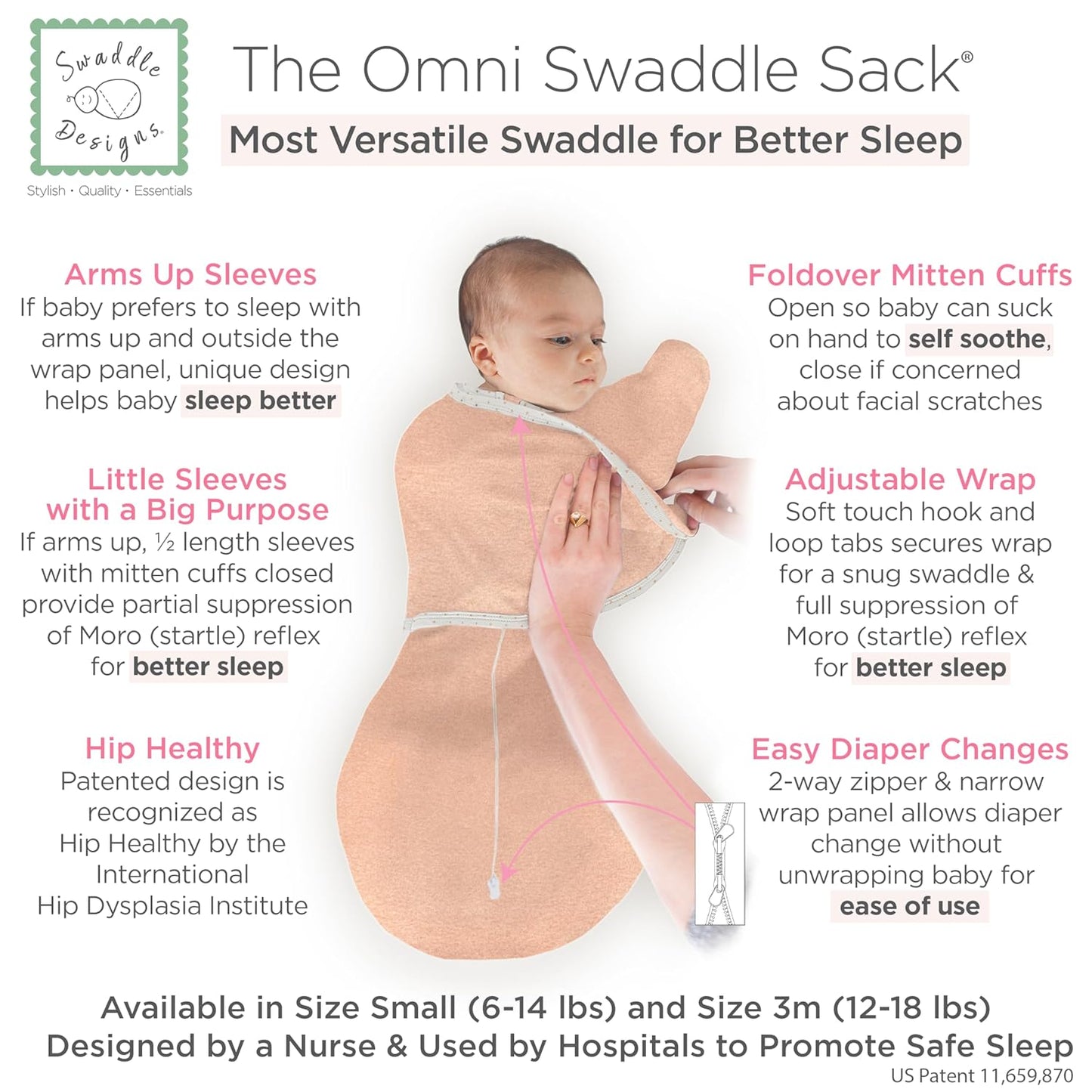 SwaddleDesigns 6-Way Omni Swaddle Sack - Arms Up Design for Newborns | Enhances Sleep, 12-18 lbs, Heathered Peach Blush