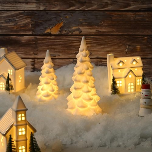 AOMOONOA White Ceramic Christmas Trees - 2Pcs Light Up Porcelain Xmas Tree Figurines for Modern Home Decor