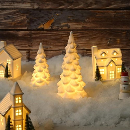 AOMOONOA White Ceramic Christmas Trees - 2Pcs Light Up Porcelain Xmas Tree Figurines for Modern Home Decor