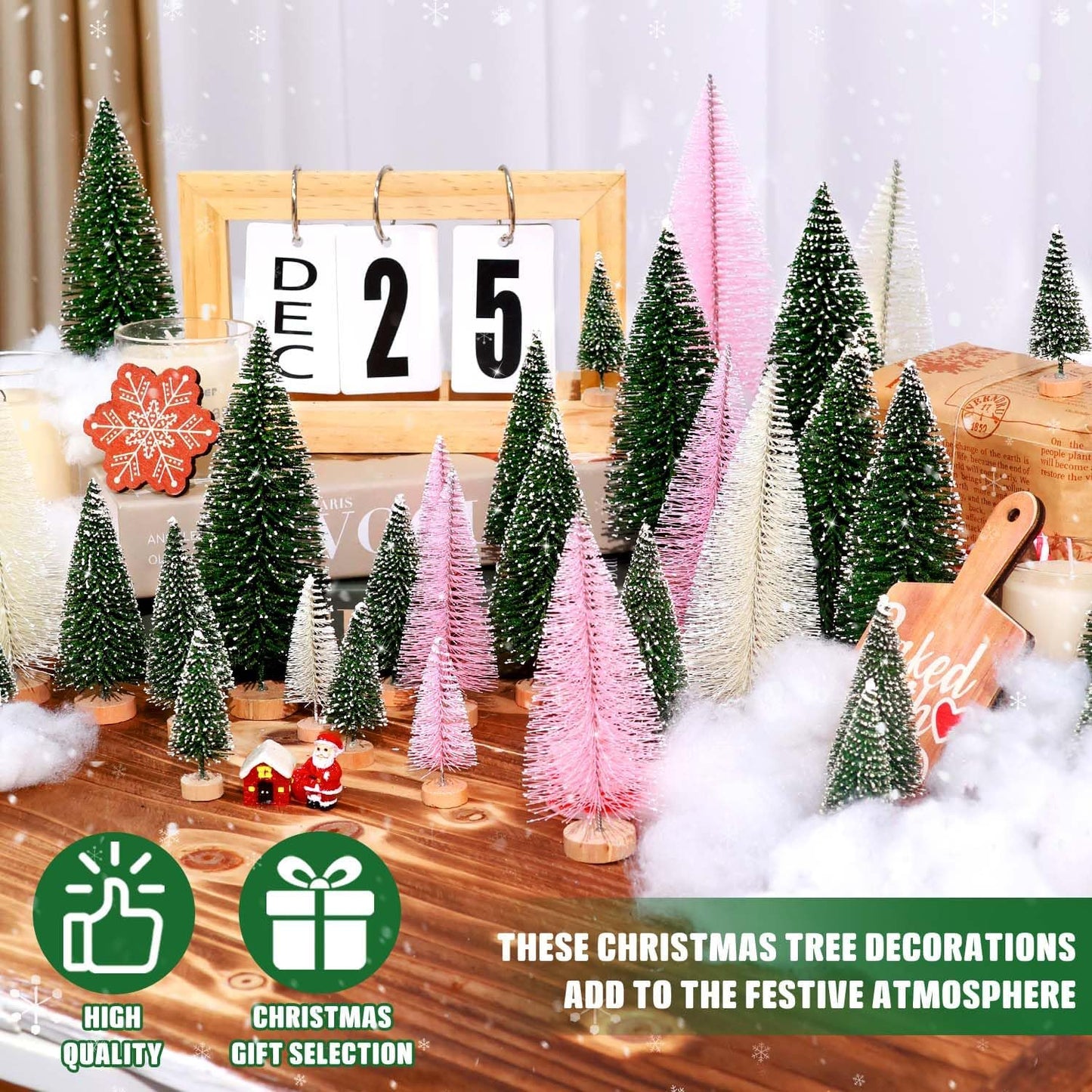 Skiennix 30Pcs Mini Christmas Trees - Artificial Bottle Brush Trees with Wooden Base | Festive Home Decor