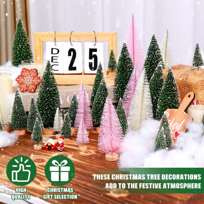 Skiennix 30Pcs Mini Christmas Trees - Artificial Bottle Brush Trees with Wooden Base | Festive Home Decor