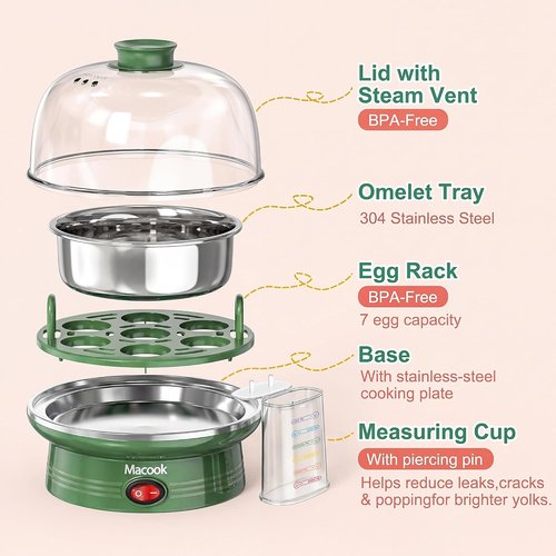 Macook Electric Egg Cooker - 7 Egg Capacity with Auto Shut-Off | Spring Green Hard Boiled Egg Maker