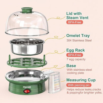 Macook Electric Egg Cooker - 7 Egg Capacity with Auto Shut-Off | Spring Green Hard Boiled Egg Maker