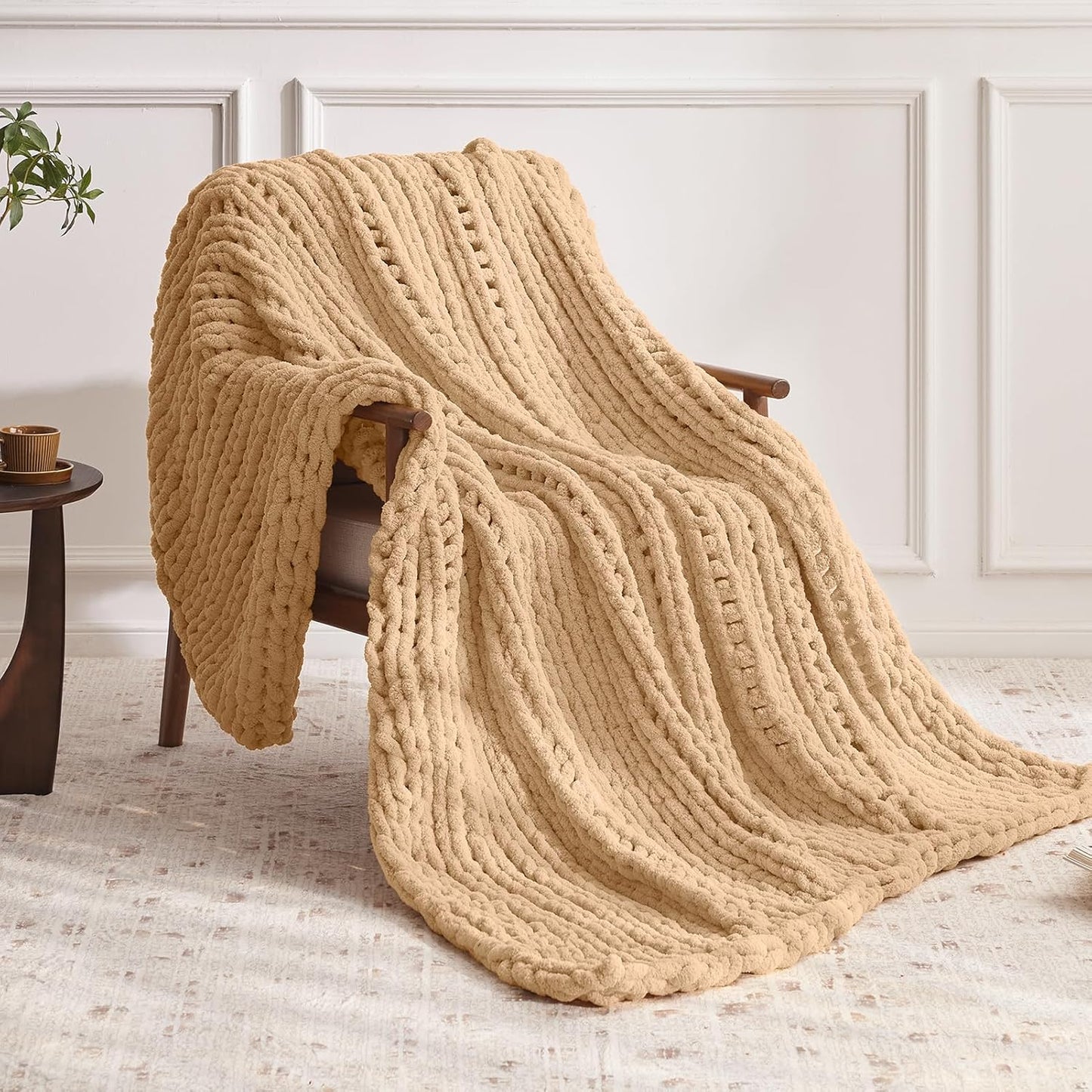 Negwoo Chunky Knit Throw Blanket - Handmade Beige Chenille Yarn | Soft & Comfy 30'' x 40'' for Home Decor