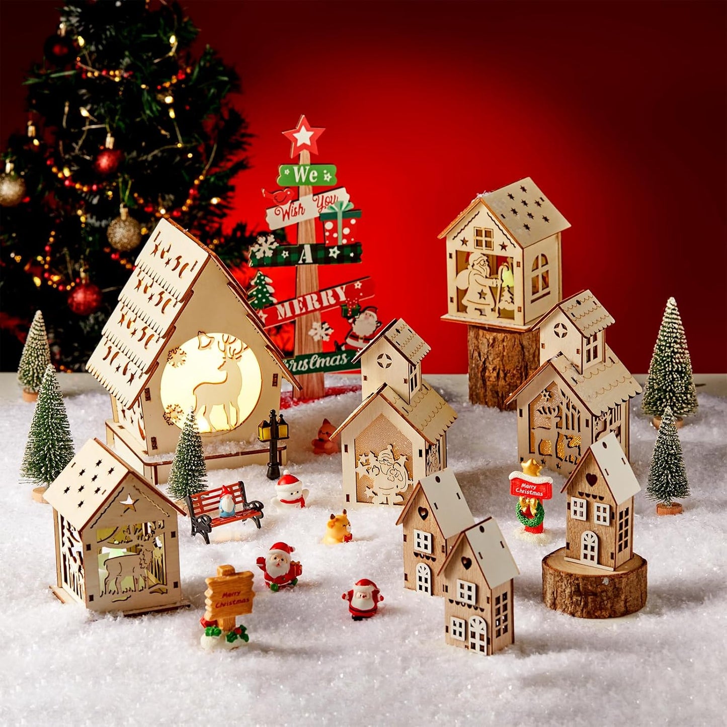 Skiennix 29-Piece Christmas Village Set - Lighted Wooden Houses with Miniature Trees & Ornaments