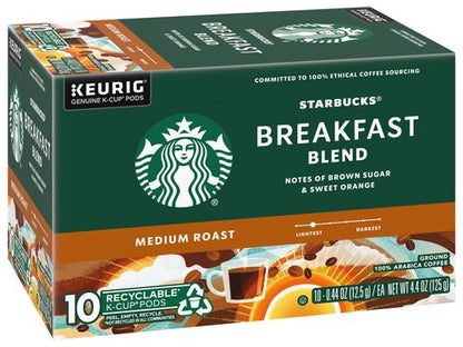 Starbucks Coffee K-Cup Pods, Breakfast Blend Medium Roast, Ground Coffee K-Cup Pods for Keurig Brewing System, 10 CT K-Cup Pods Per Box (Pack of 3 Boxes)