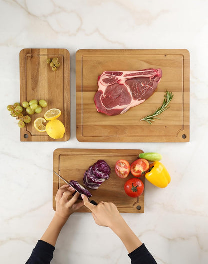 Sango Acacia Cutting Board Set - 3-Piece Wood Chopping Boards with Juice Grooves & Hanging Holes | Stackable, Reversible, Non-Toxic